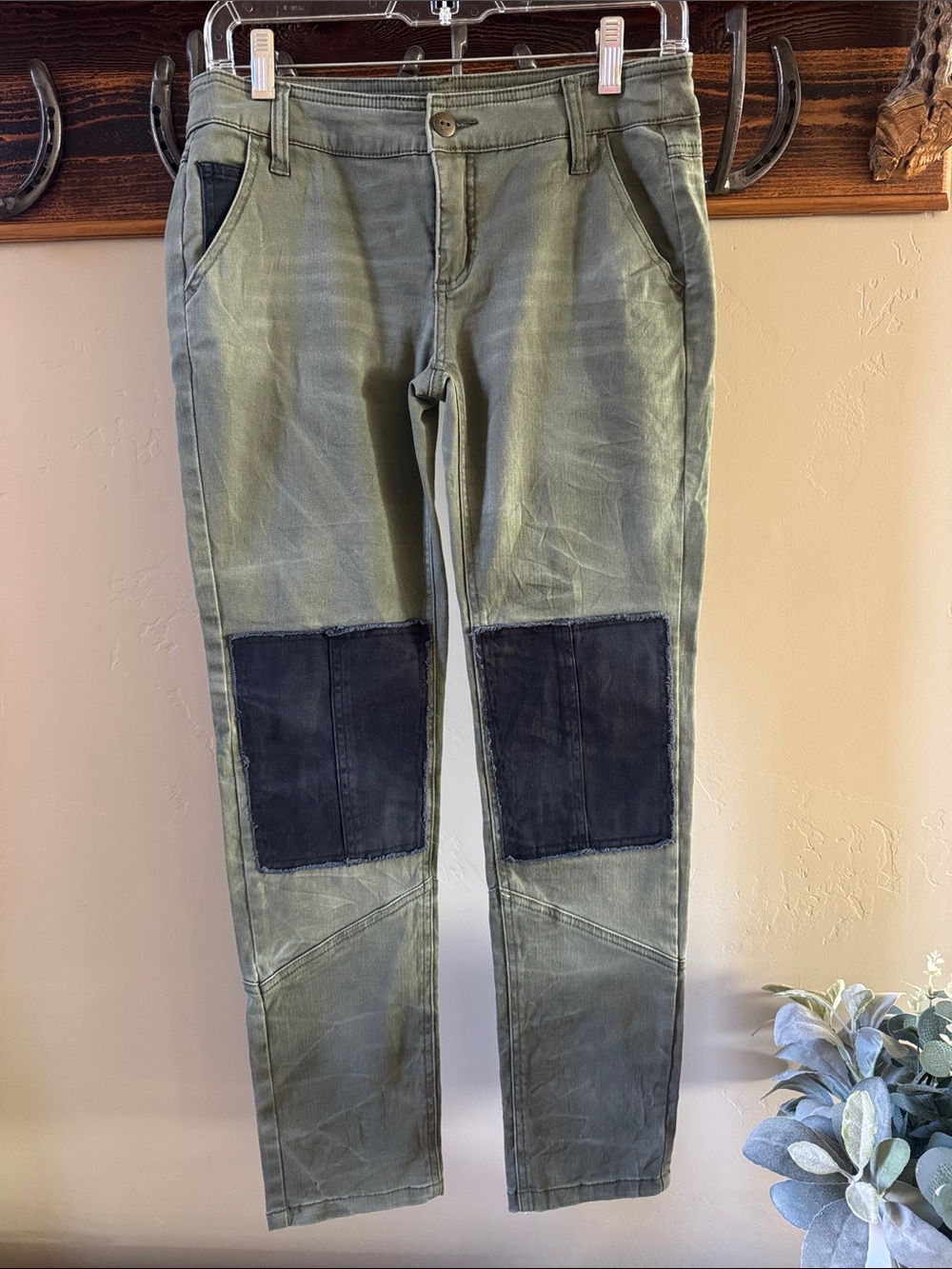 Free People Olive Green Skinny Jeans with Black Knee Patches
